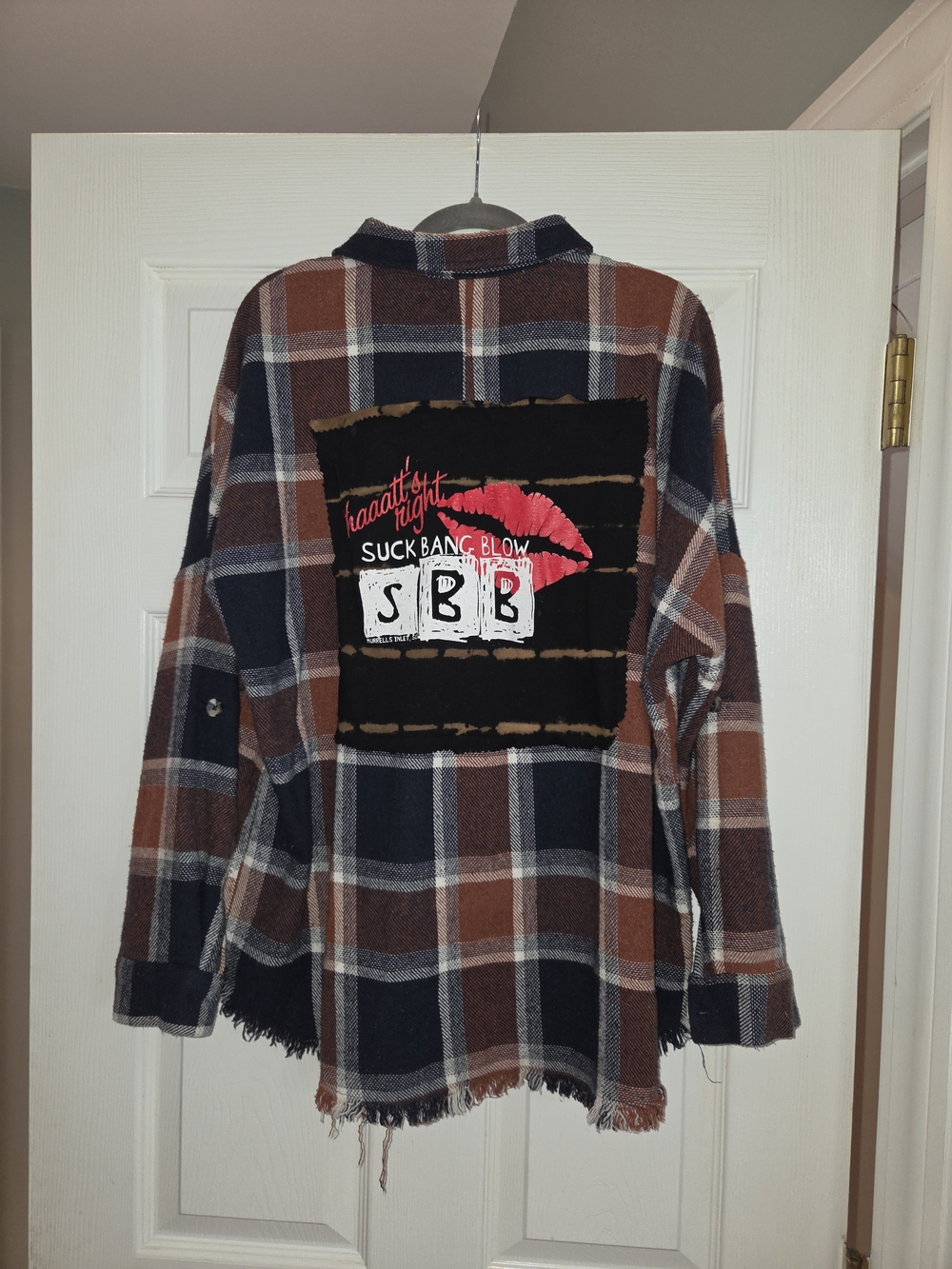 Upcycled Plaid Flannel Shacket with Graphic Back - Brown & Navy